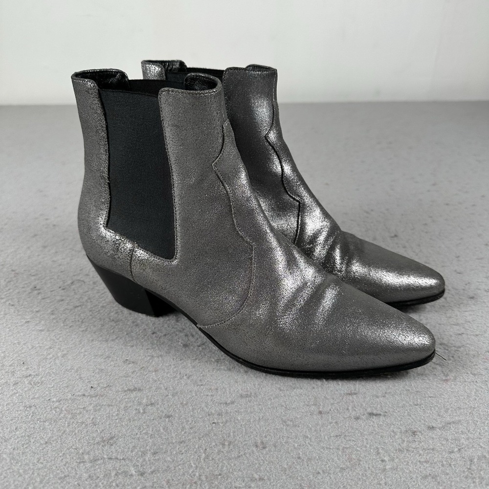 Saint Laurent Paris Silver Glitter Chelsea Heel Ankle Boots 40.5 EU - Picture 1 of 16